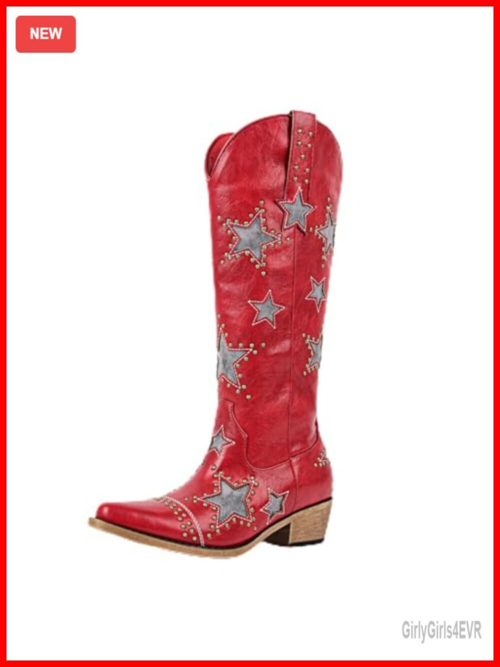 Studded Star Rhinestone Knee High Boots Block Heel Pointed Toe Western Vegan